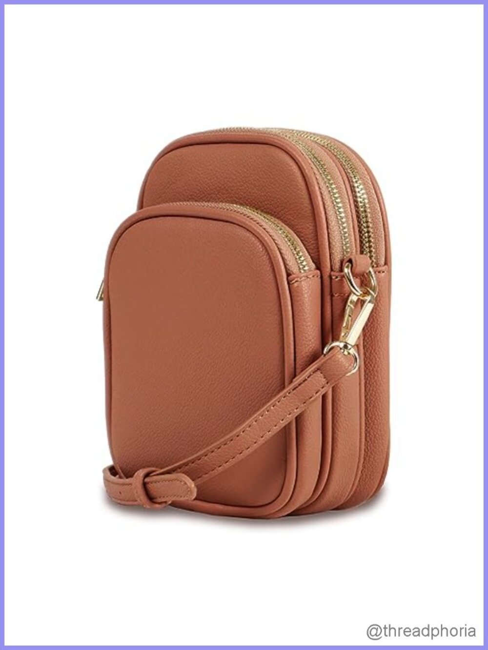 Vegan PU Leather Triple Zip Crossbody Bag with Adjustable Strap, Small Cell